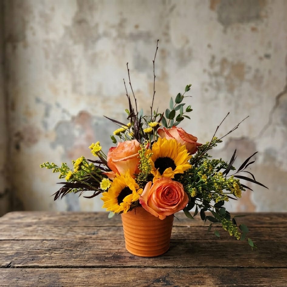 Orange roses and sunflowers arranged in a small terracotta pot