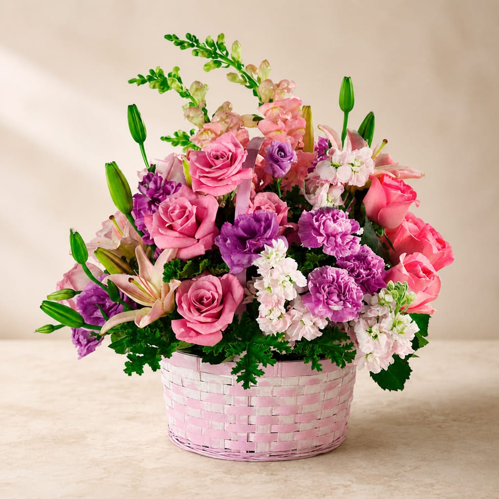 Pink and purple flower arrangement in a pink woven basket