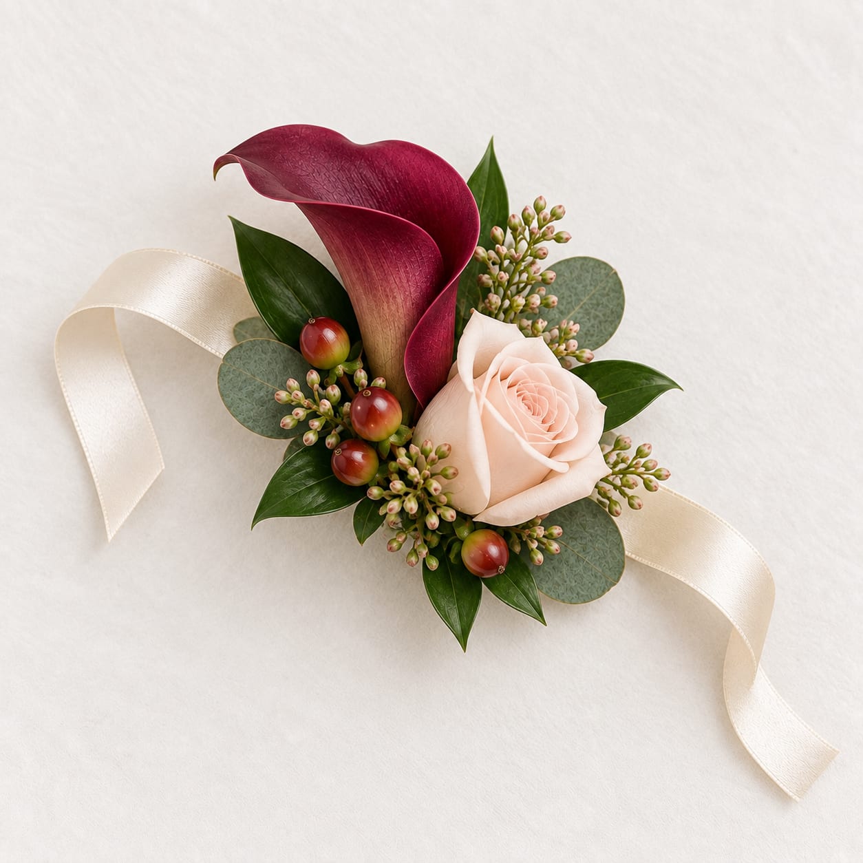 Wedding boutonniere with burgundy calla lily and blush rose