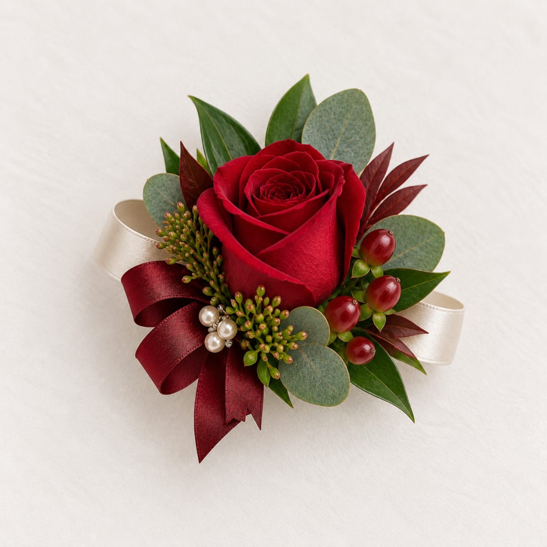 Red rose corsage with ribbon and berries