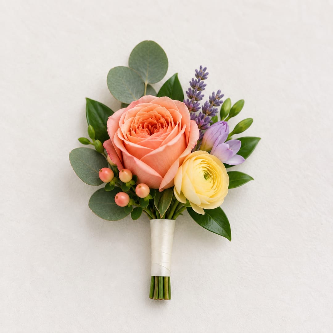 Small bouquet with peach and yellow roses and purple accents