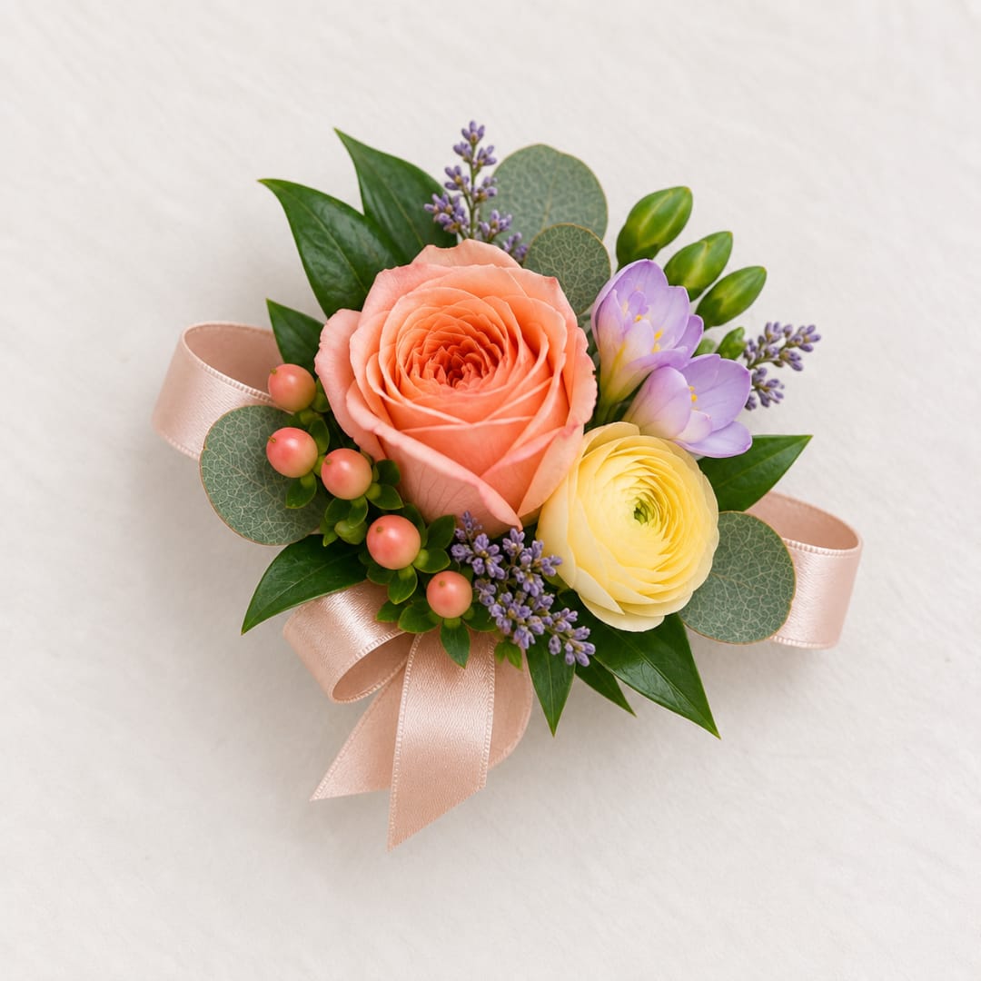 Small floral corsage with peach and yellow blooms and a pink ribbon