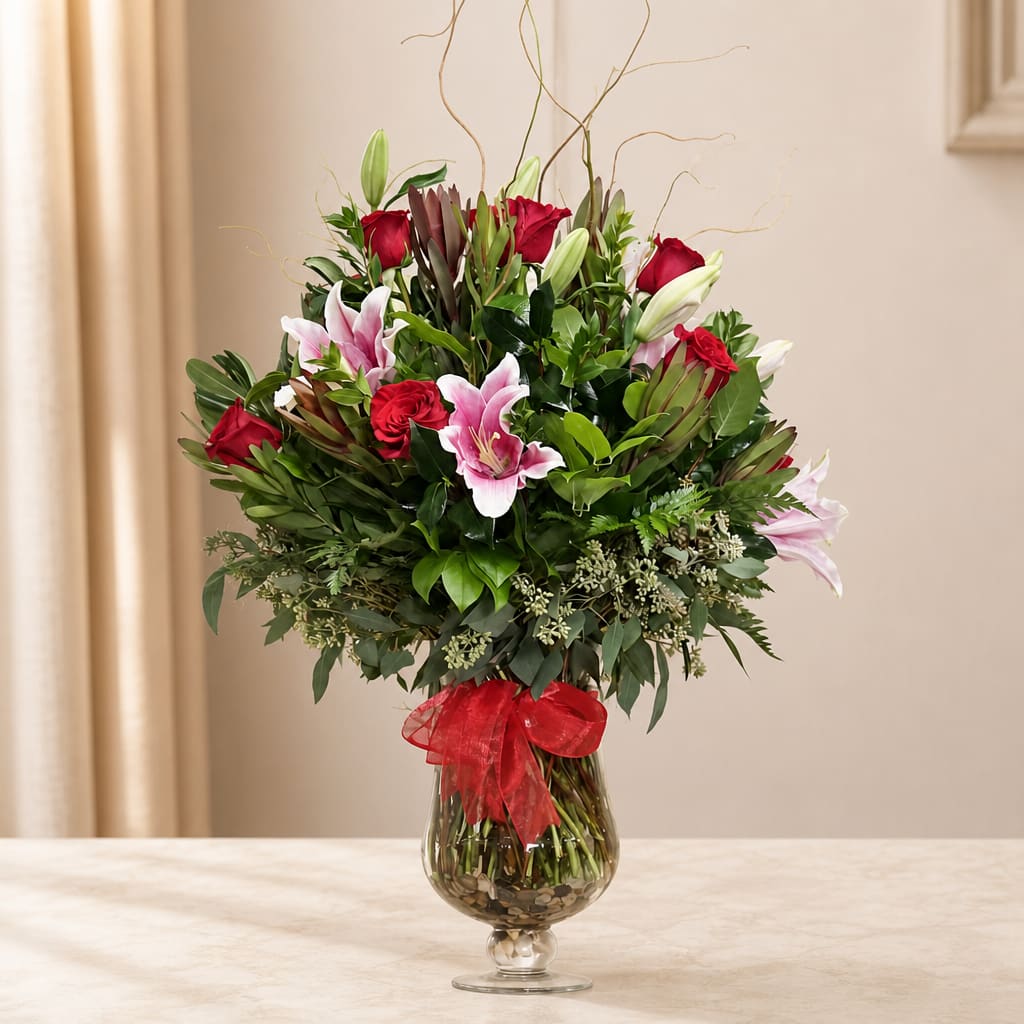 Bouquet of red roses and pink lilies in a glass vase with a red ribbon