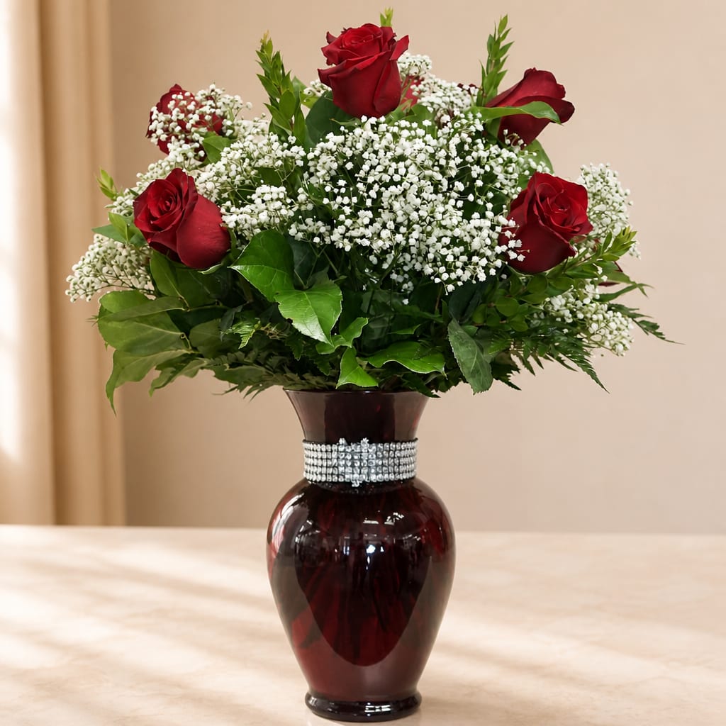 Red roses and white baby's breath in a dark glass vase
