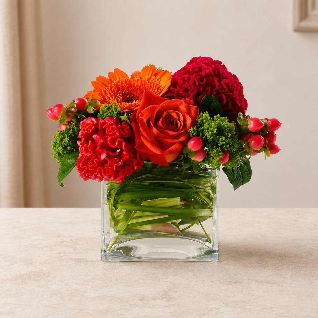 Red and orange flowers arranged in a clear square glass vase