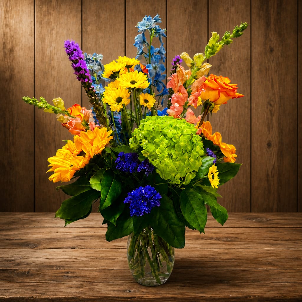 Colorful mixed bouquet in a clear glass vase with sunflowers, hydrangea, and snapdragons