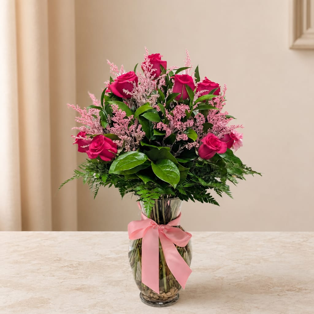 Pink roses in a clear glass vase with a pink ribbon