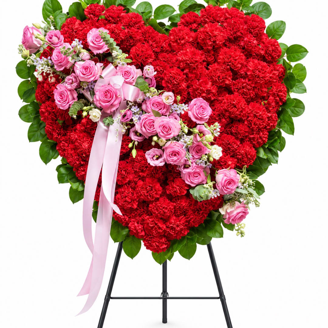 Heart-shaped floral standing arrangement with red carnations and pink roses on an easel