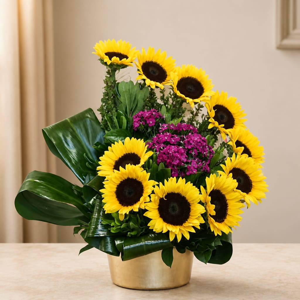 Sunflower arrangement with purple flowers in a gold container
