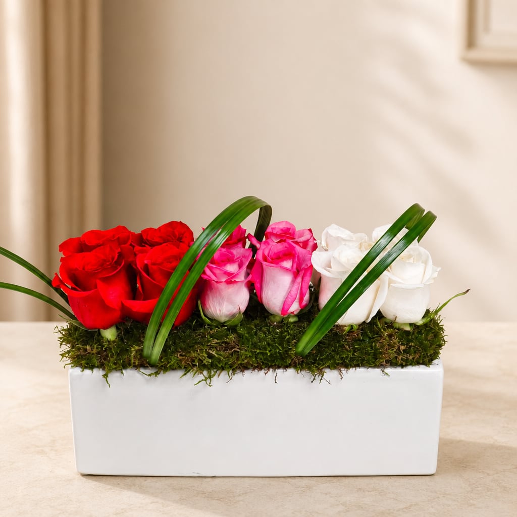 Red, pink, and white roses in a white rectangular planter