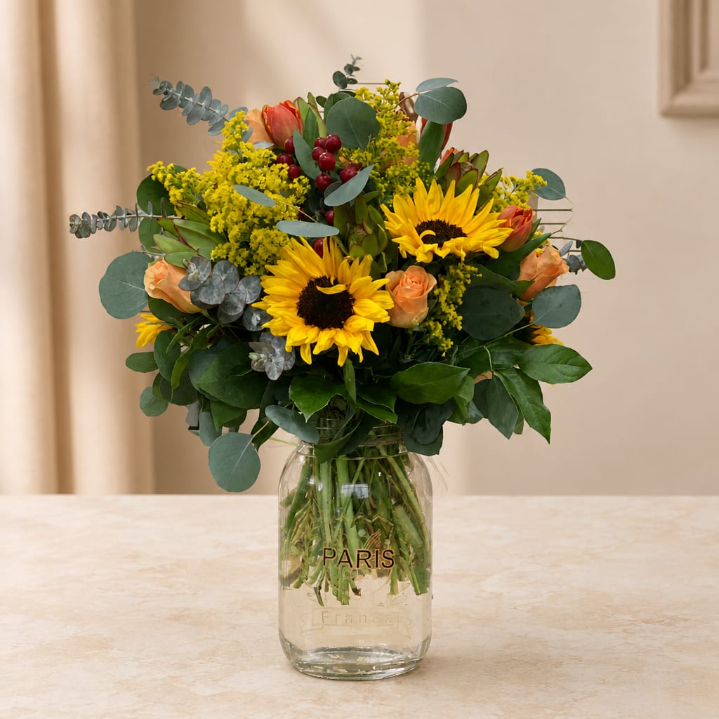Bouquet of sunflowers and peach roses in a glass jar vase