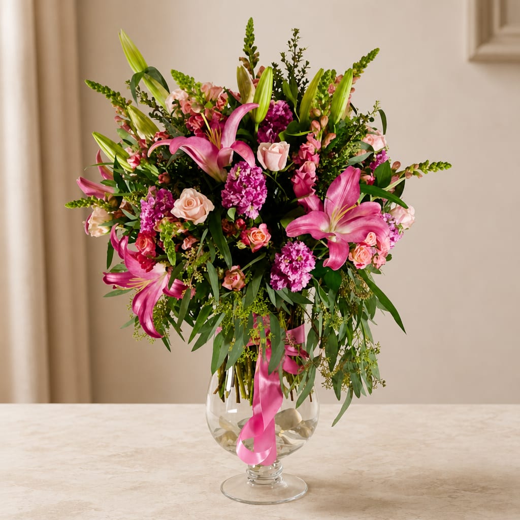 Pink lilies and roses arranged in a clear glass vase with a ribbon