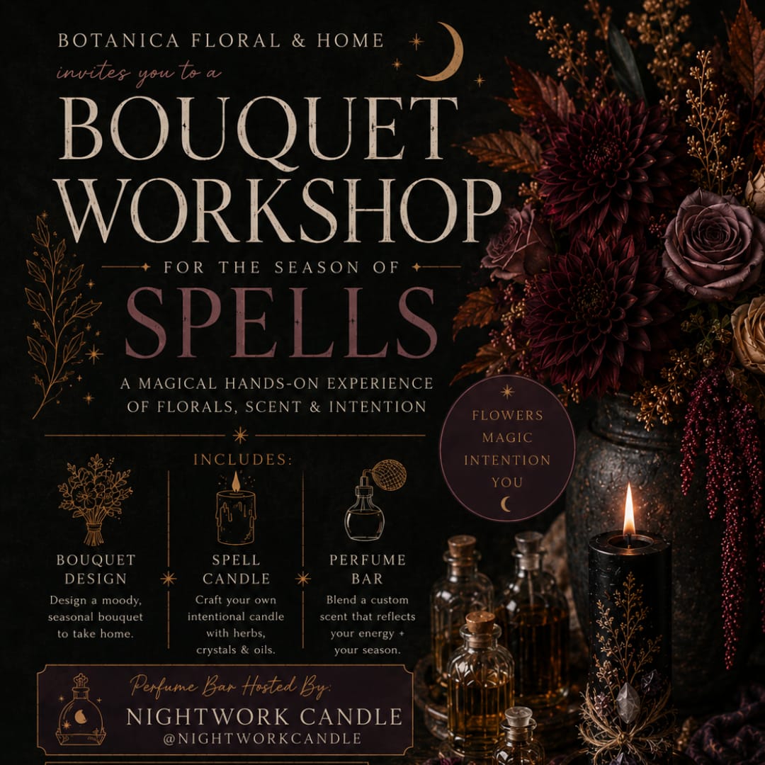 Poster for a bouquet workshop with dark floral arrangements and candles.