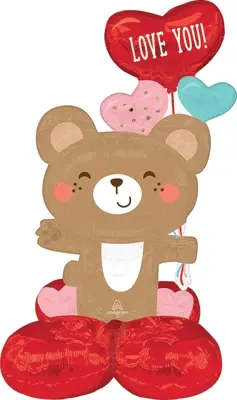 Teddy bear balloon with heart-shaped balloons and "LOVE YOU!" text