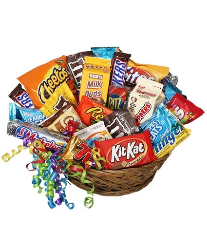 Basket filled with assorted candy bars and colorful curling ribbons