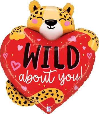 Heart-shaped leopard balloon with a cheetah face and "WILD about you" text