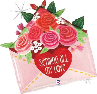 Heart-shaped balloon with pink roses and the words "sending all my love"