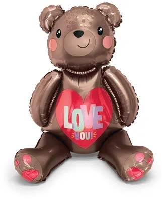 Brown teddy bear balloon holding a heart that says Love You