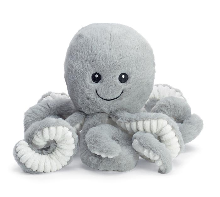 Gray plush octopus toy with a smiling face on a white background