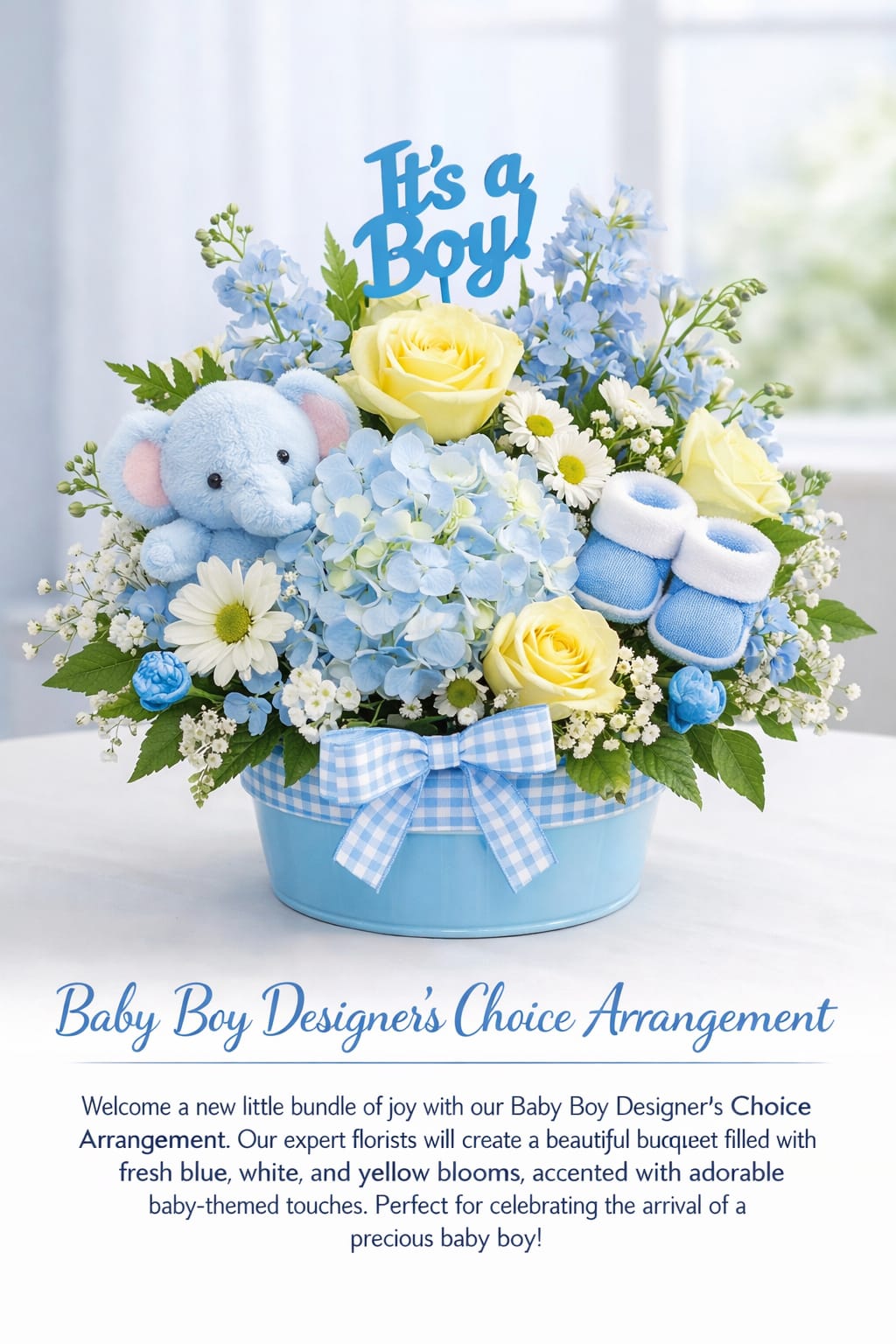 Blue and yellow baby-themed flower arrangement with a teddy bear and booties