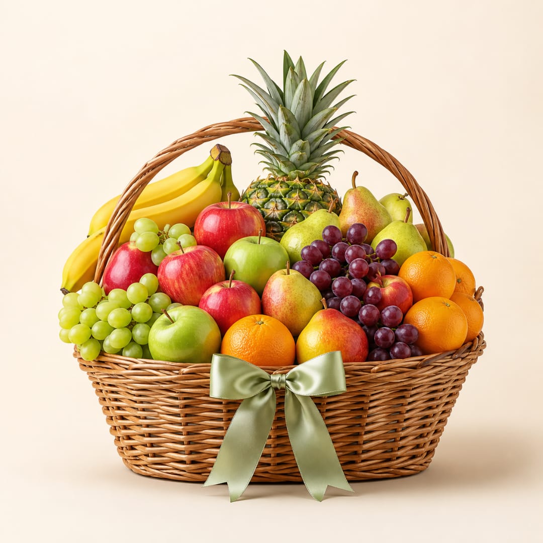 Fruit basket with bananas, pineapple, apples, pears, grapes, and oranges