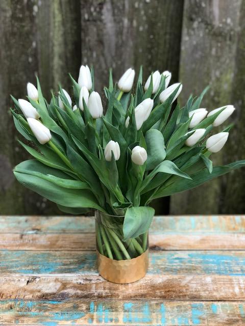 White tulips arranged in a clear glass vase with a gold wrap