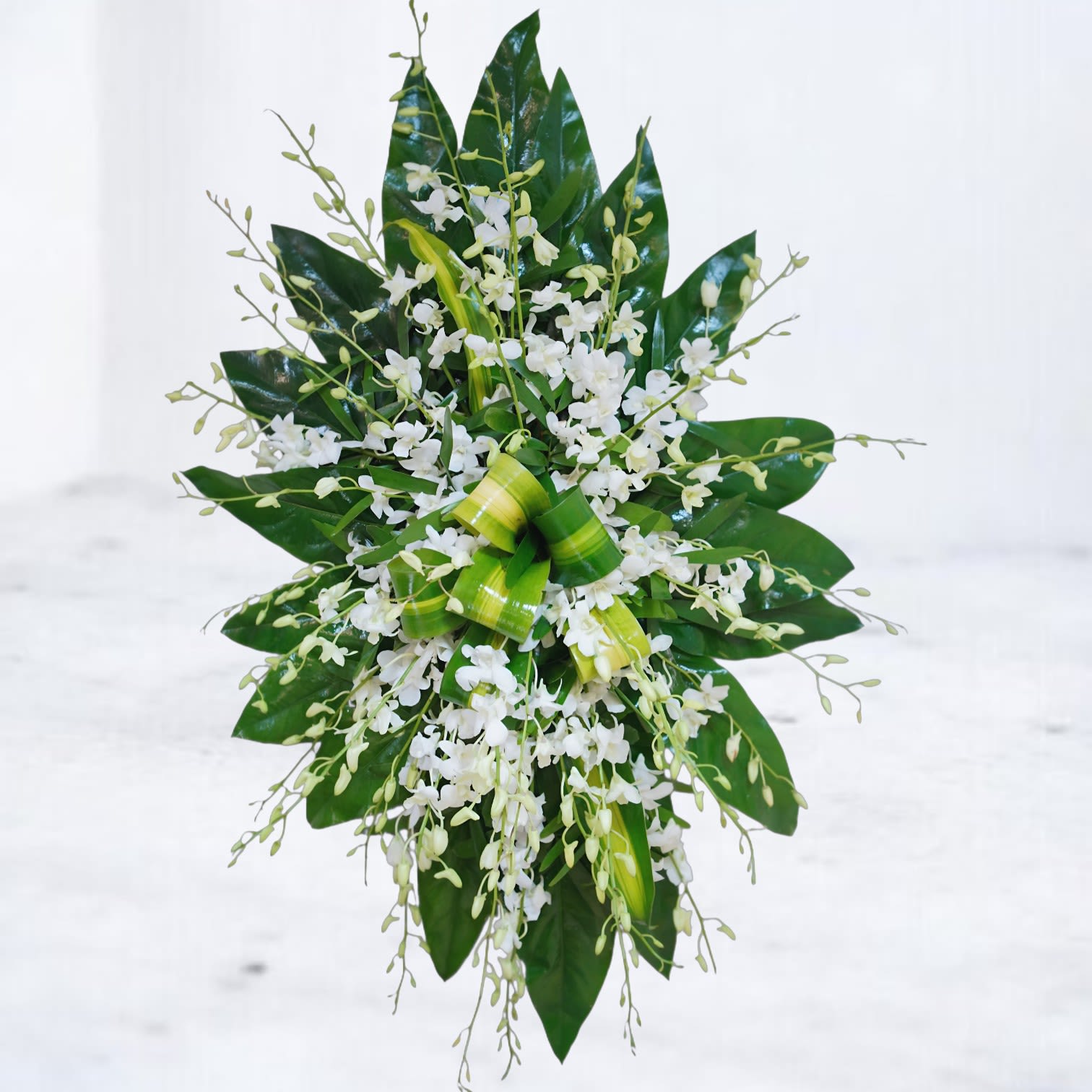 Canopy Standing Spray - Canopy is a modern tropical sympathy spray designed with cascading white dendrobium orchids, layered tropical foliage, glossy greenery, and sculptural botanical textures in a lush standing composition. Designed with movement and natural dimension, this contemporary floral tribute offers a clean, elevated alternative to traditional funeral sprays.  Featuring graceful orchid blooms framed by rich green leaves and flowing lines, Canopy creates a peaceful yet striking memorial display ideal for funeral services, celebration of life ceremonies, memorial gatherings, or graveside tributes. Its modern tropical aesthetic brings softness, elegance, and natural beauty to meaningful moments of remembrance.  Handcrafted with premium seasonal florals and available for same-day sympathy flower delivery in Magnolia, TX and surrounding areas including The Woodlands, Montgomery, Conroe, Spring, Tomball, and nearby Lake Conroe communities.