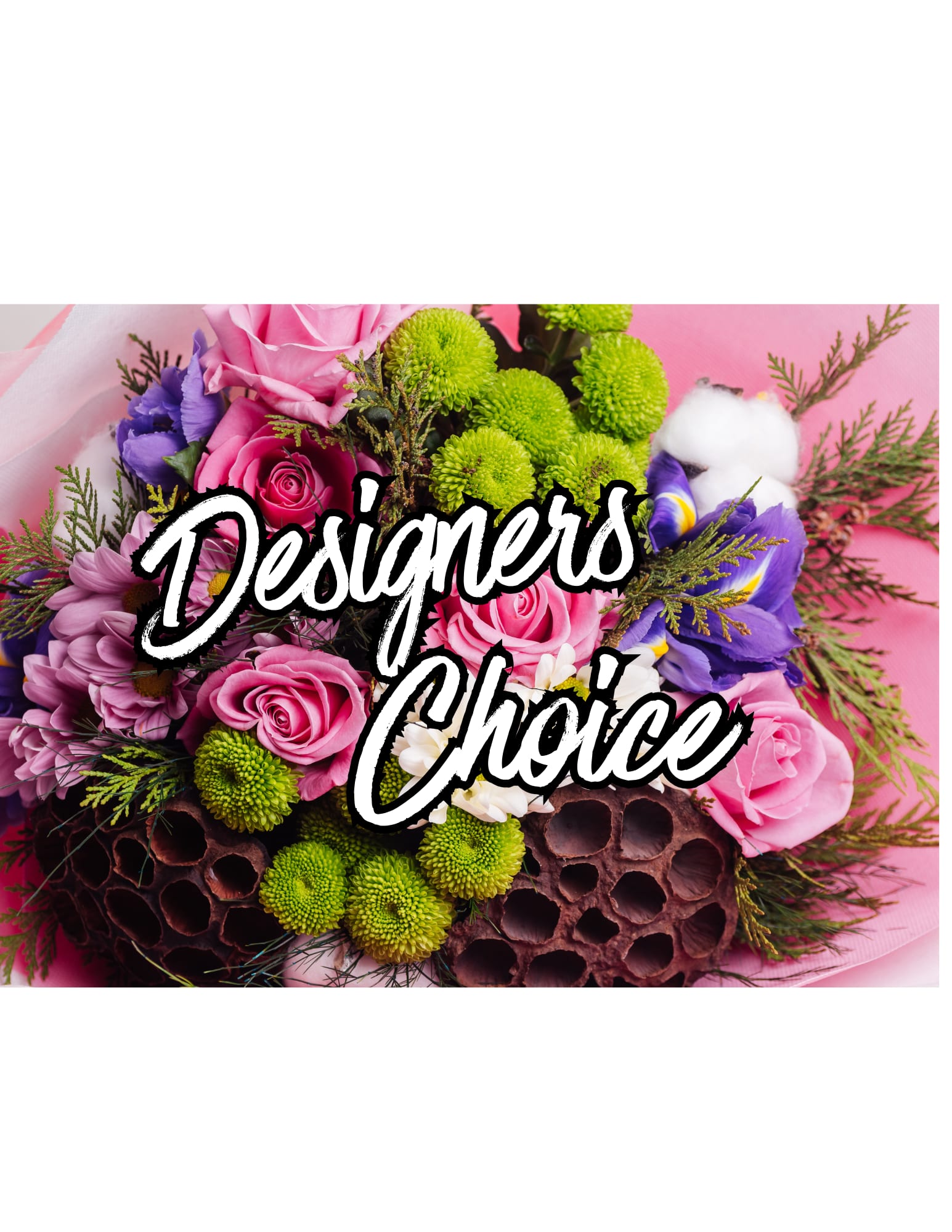 Pink roses and purple flowers with green pompons on a pink background