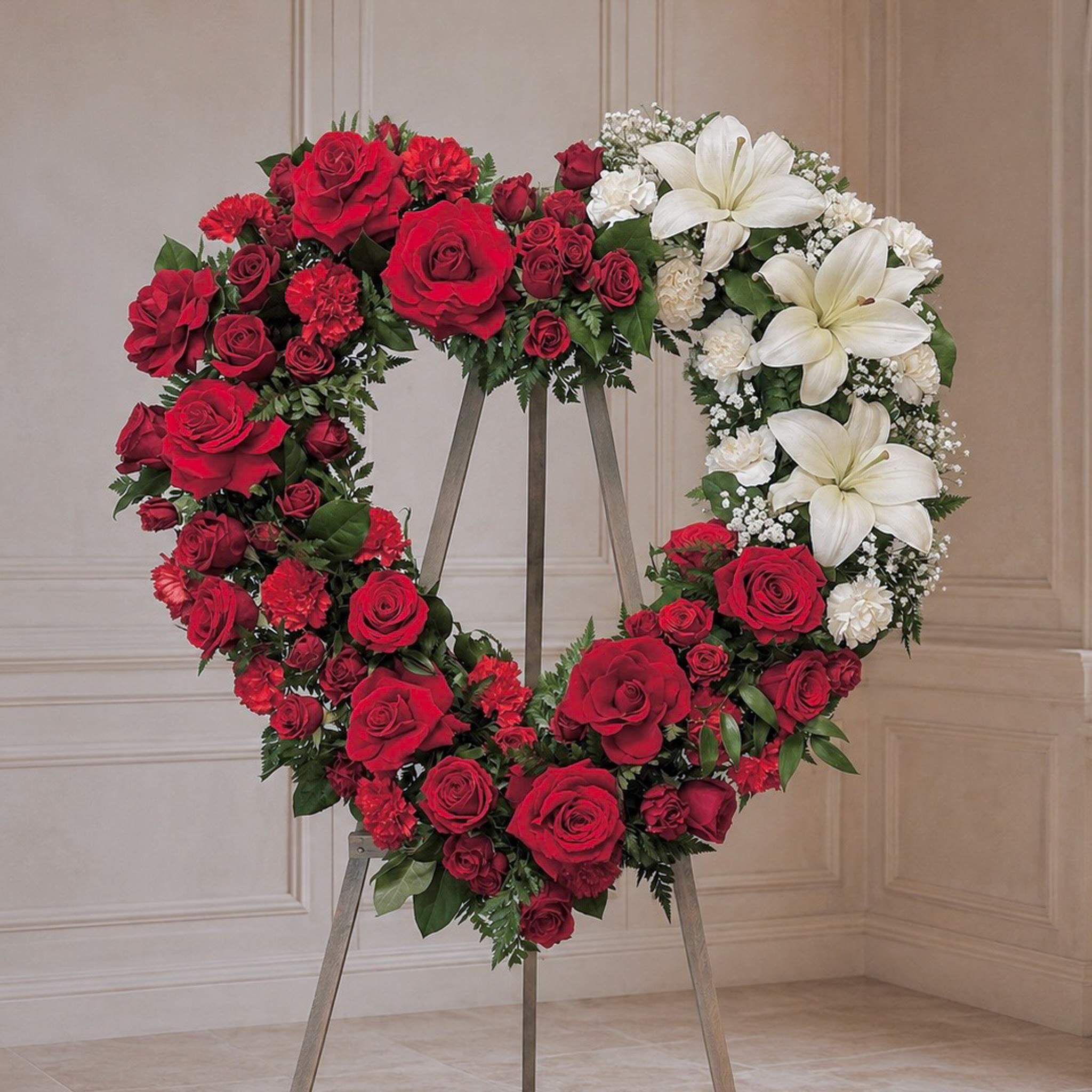 Heart-shaped floral wreath with red roses and white lilies on an easel