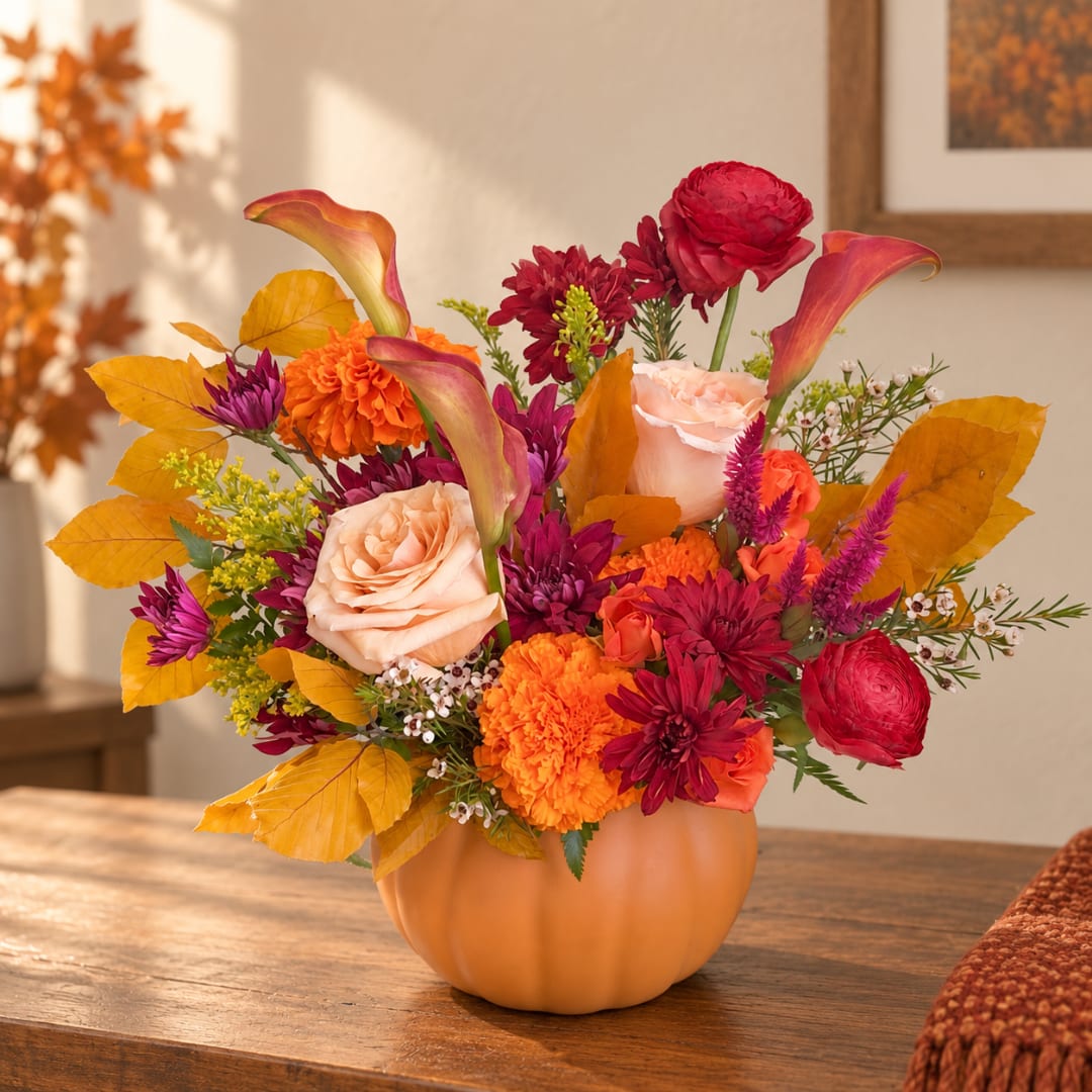 Autumn floral arrangement in a pumpkin-shaped vase with orange and red blooms