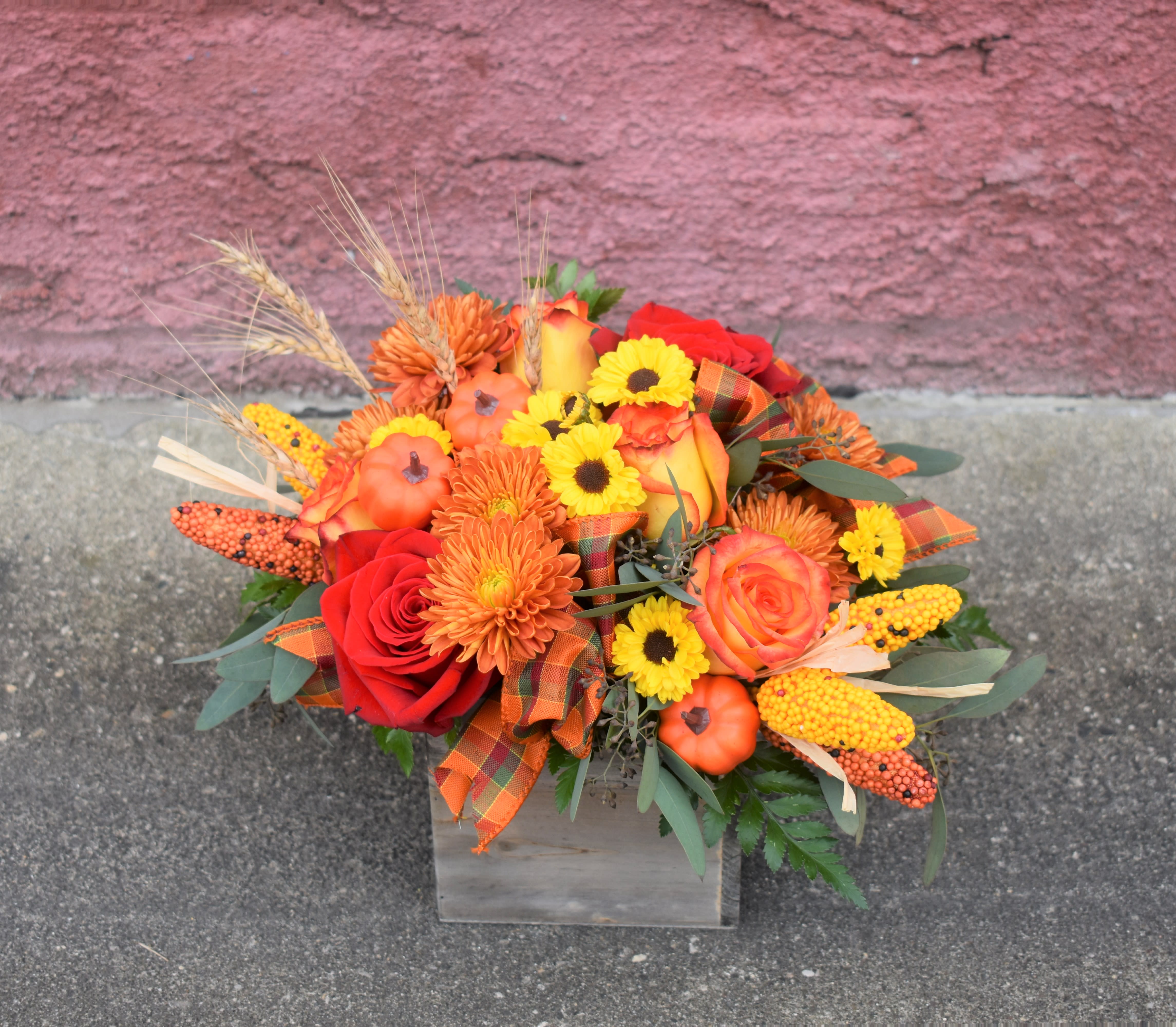 Harvest Celebration - This is a time to celebrate seasonal flowers and all of the rustic qualities and colors that Autumn has to offer! A bright mixture of mums, orange and red roses, wheat, corn picks, and eucalyptus is designed in a wooden box container and accented by fall plaid ribbon. A perfect way to celebrate the season! 