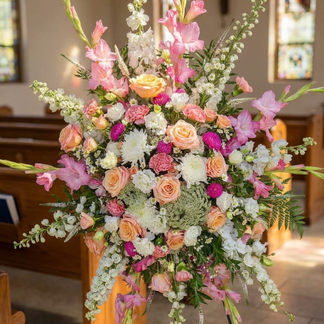 Large pink and white floral arrangement with peach roses in a church setting