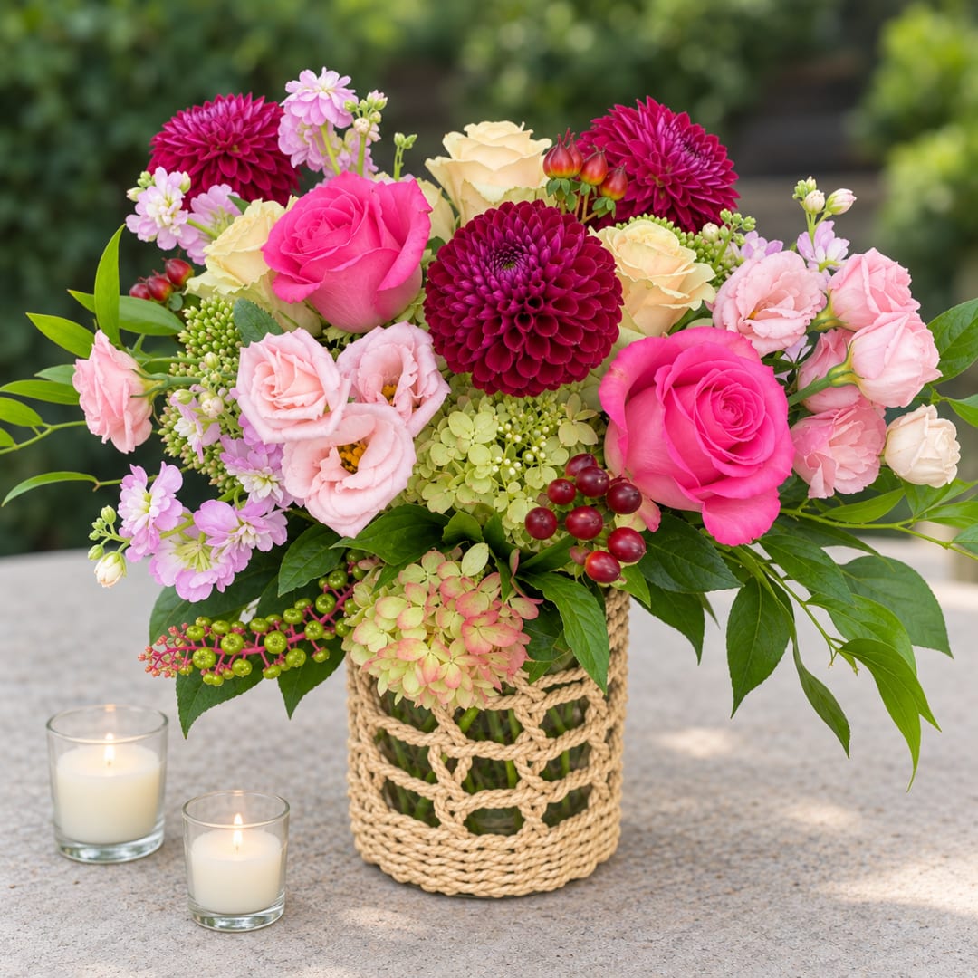 Pink and cream flower arrangement in a woven vase with two candles nearby