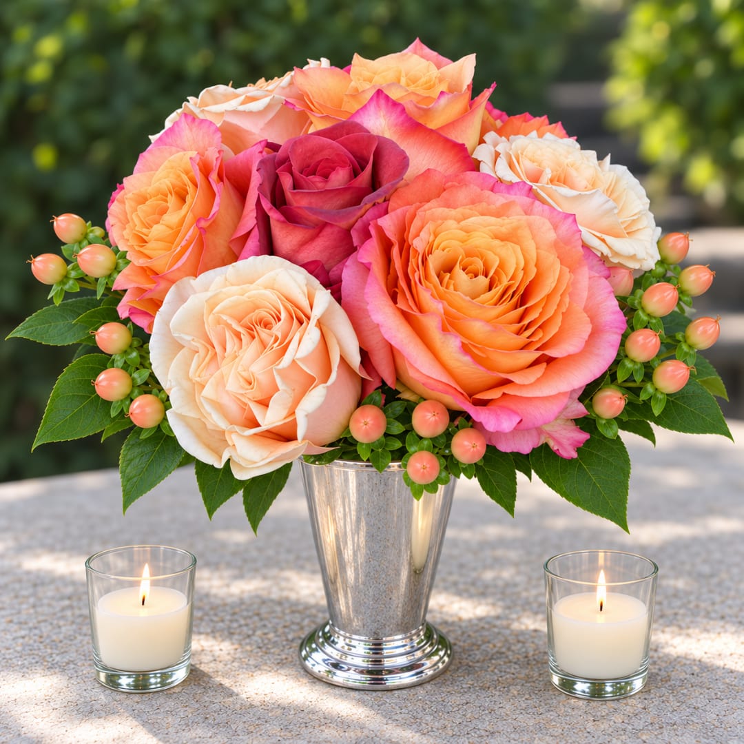 Peach and pink roses arranged in a silver vase with two candles nearby.