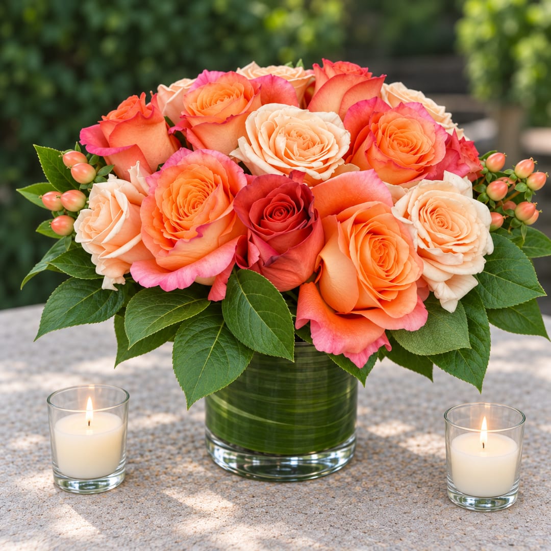 Orange and peach roses in a glass vase with two lit candles