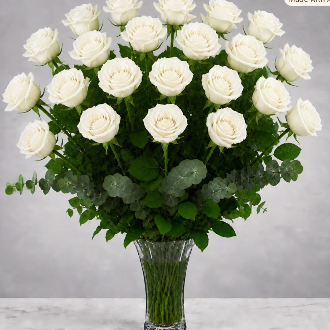 Tall bouquet of white roses in a clear glass vase