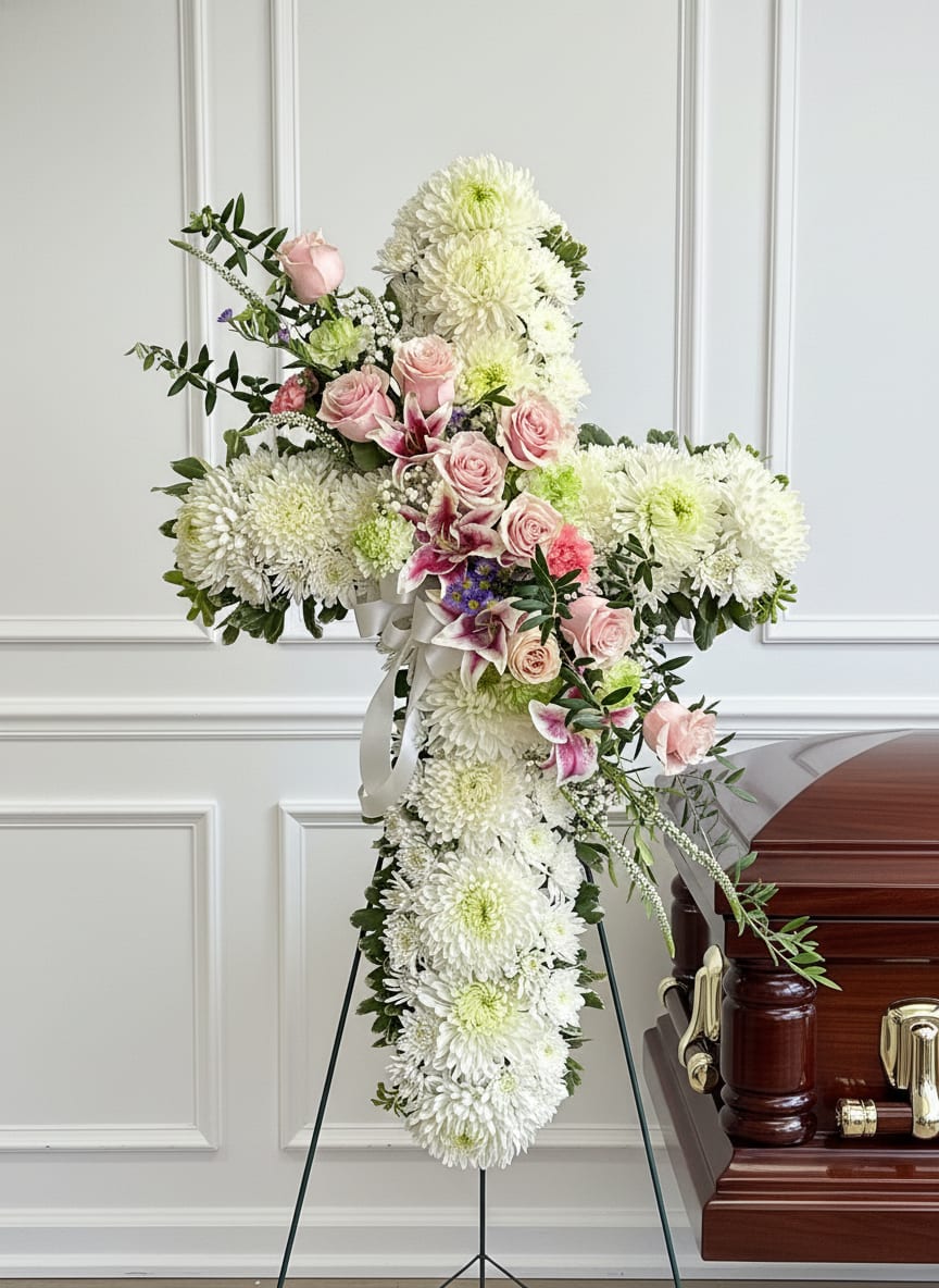 Cross of Light - A serene white chrysanthemum cross for a funeral or sympathy arrangement offers a reverent, comforting presence at a memorial service. Designed as a floral cross, this sympathy arrangement signals respect and remembrance, the kind of tribute that helps the person you're honoring feel seen and cherished in a solemn moment.  Densely covered with white chrysanthemums, the cross is accented with soft pink roses and a few purple-and-white lilies for gentle color contrast. The design is formal and symmetrical, with horizontal arms and a cascading lower section, finished with small touches of green foliage and delicate filler that soften the silhouette. It comes mounted on a floral stand with a white ribbon and is crafted to work over a casket or beside a memorial display.  Perfect for a funeral service, a graveside tribute, or to send condolences to a grieving family, this arrangement conveys sympathy and dignity. Order details: mounted on a stand sized for display at services, made to be viewed upright; no special care is needed beyond professional florist handling and placement by venue staff.