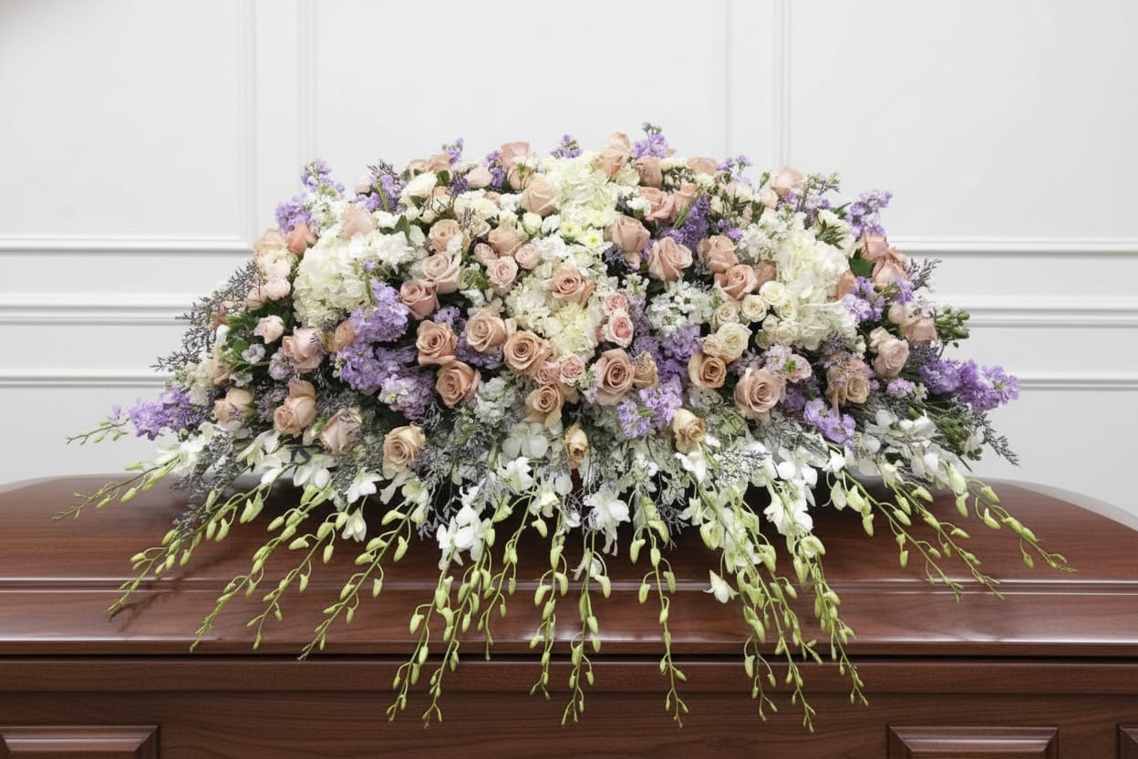 Lavender Dreams - A soft pastel palette of blush roses, lavender accents, and whisper-white blooms creates a serene sympathy arrangement designed to honor a life with quiet grace. This large, low casket spray is a funeral floral statement that comforts the person you're thinking of and offers a respectful focal point during memorial services.  The arrangement spreads broadly across the top of the casket in a dense, rounded profile filled with roses, carnations, chrysanthemums, and complementary seasonal blooms in pink, white, purple, and green. Trailing white flowers at the front add a gentle, cascading touch while layered textures of petals and foliage keep the overall look elegant and restrained rather than bright or celebratory.  Ideal for families seeking a traditional memorial tribute, Lavender Dreams communicates sympathy and remembrance with dignity. Because it's crafted as a full casket spray, please confirm delivery and placement details when ordering so our team can ensure timely setup for the service.