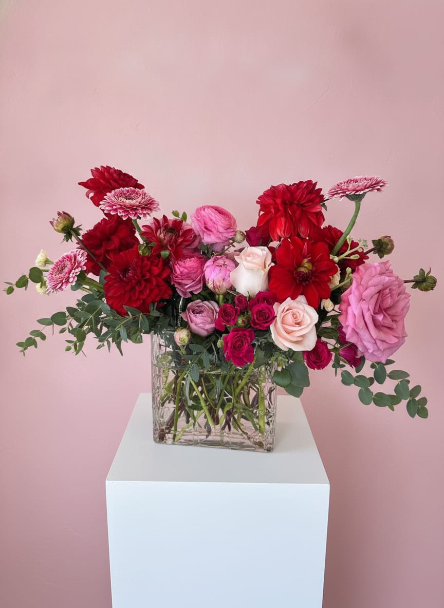 Dior - A lush mix of red, pink, and white blooms gathered in a Dior inspired purse glass vase makes this flower arrangement an unforgettable birthday bouquet or anniversary surprise. The bold red Dahlias &amp; Roses blossom to catch the eye up front, while soft pink roses and white spray roses weave through the composition to create a romantic, cheerful impression that reads as both polished and slightly garden-fresh-perfect for Valentine's Day, a thank-you, or any celebratory moment.  Dense clusters of varied blooms form a layered, full shape, with eucalyptus-like round foliage extending outward to give the arrangement a loose, airy silhouette. The purse vase keeps the design modern and grounded; the spread is wide and low so the recipient can enjoy the flowers from every angle on a table or desk. This is the kind of bouquet that makes someone feel truly seen-order as a special-occasion gift or an everyday surprise to brighten their day.