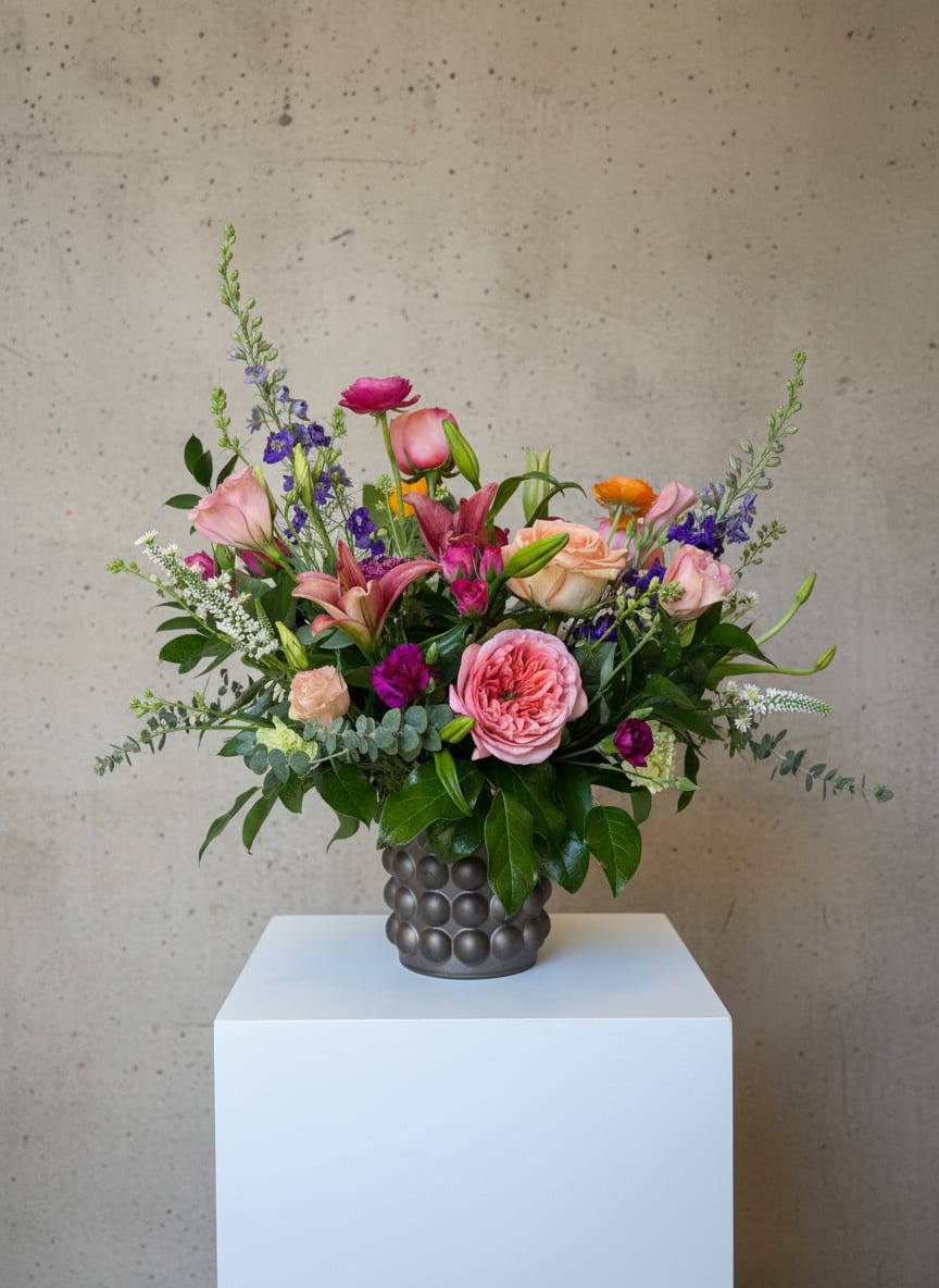 Mallorca - A lush mix of pink and purple roses and lilies makes a joyful statement-perfect as a birthday bouquet or a "thinking of you" gift. Mallorca reads romantic and lively, the kind of everyday flower arrangement that makes the person you're sending it to feel truly seen on a special morning or a simple Tuesday.  This arrangement pairs large roses and open lilies with taller snapdragon spires, fragrant stock, and delicate dianthus for texture and motion, finished with other seasonal accents. The flowers arrive arranged in a rounded gray ceramic vase with a raised bubble texture, creating a polished, giftable presentation in shades of blush, magenta, violet, white, and pops of orange.  Made to sit beautifully on a dining table, desk, or bedside, Mallorca is an excellent choice for anniversaries, get-well wishes, or to brighten someone's day. Vase included; standard care - fresh water and a cool spot helps the bouquet stay radiant for days.