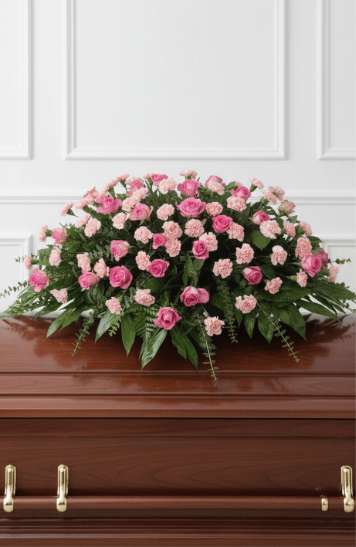 Pink Memories - Soft clusters of pink roses and pale pink carnations create a tender, formal sympathy arrangement designed as a casket spray for funerals and memorial services. Pink Memories places the focus on the person you're honoring-she'll be remembered with a gentle, pastel palette that reads as respectful and consoling rather than casual. The low, wide silhouette delivers an immediate visual of care and tradition across a polished wooden casket.  This large, symmetrical spray combines bright pink roses with dense pale pink carnations and rich dark green foliage, producing a full, rounded profile with subtle trailing greenery for an elegant finish. The arrangement's compact height and wide span are balanced to rest gracefully on top of the casket, presenting a soft two-tone contrast against dark wood and filling the space without overwhelming it.  For families planning a funeral or memorial, Pink Memories offers a meaningful way to express love, sympathy, and remembrance-appropriate for close family members or a cherished friend. Order with delivery timed for the service; as a fresh floral piece it benefits from cool, shaded placement until the ceremony to maintain its softness and shape.