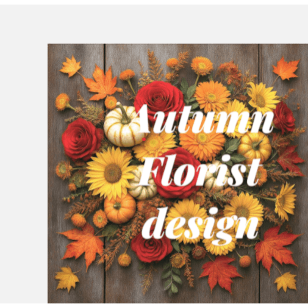 Autumn floral design with red roses, sunflowers, and small pumpkins