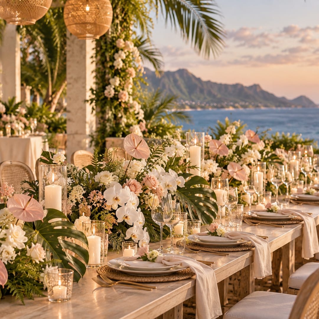 Elegant floral tablescape with white orchids, blush flowers, and candles by the sea