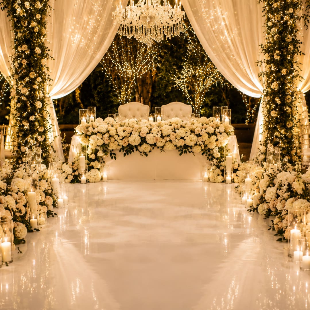 White floral wedding stage with draped fabric and candles