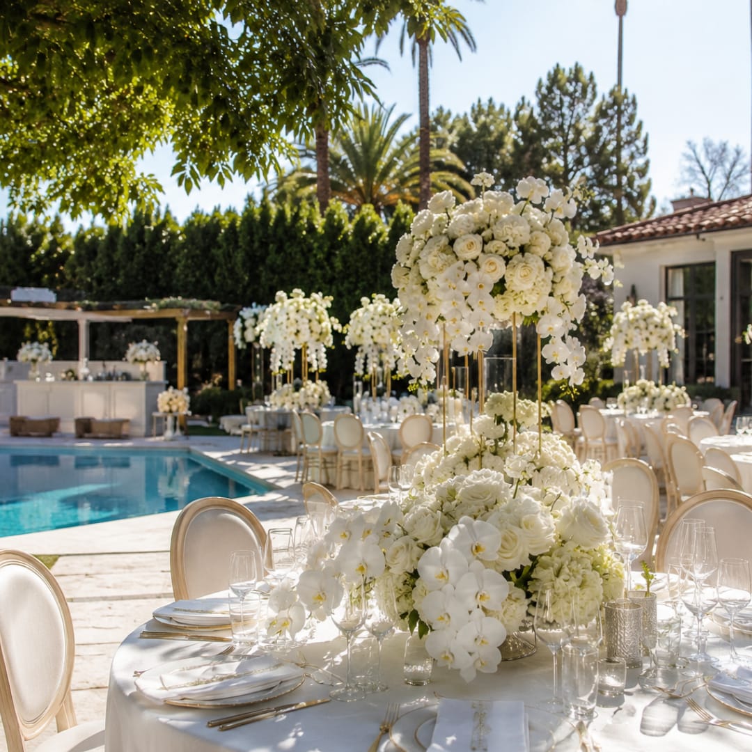 White floral centerpieces on round tables beside a pool at an outdoor event