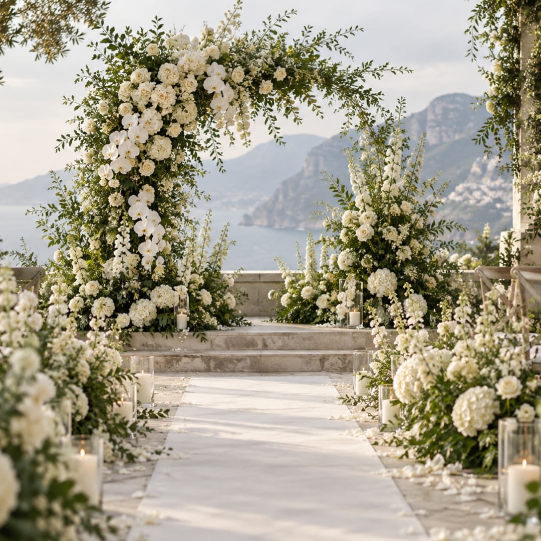 White floral wedding arch and aisle arrangements overlooking the sea