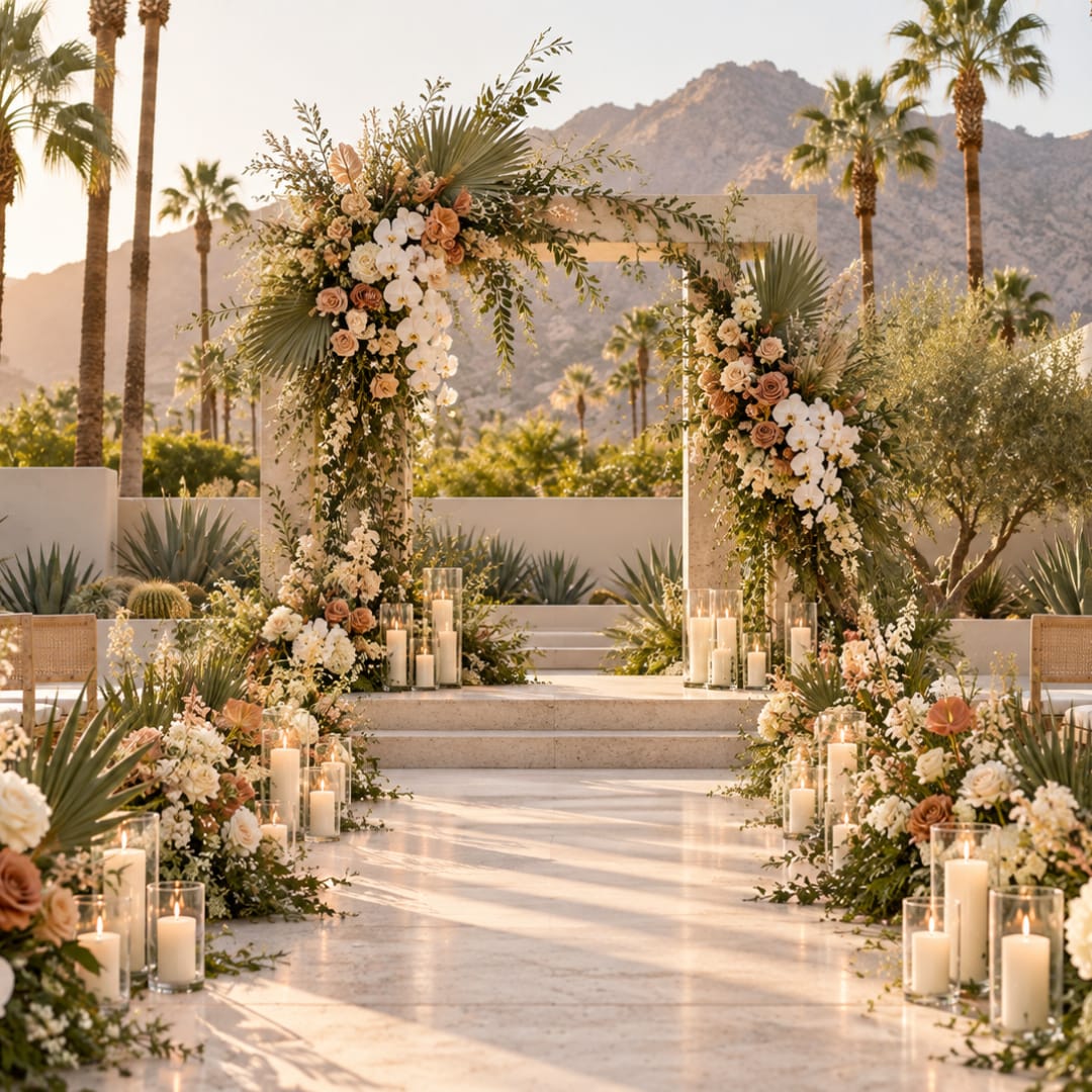 Floral wedding arch and aisle arrangements with candles outdoors