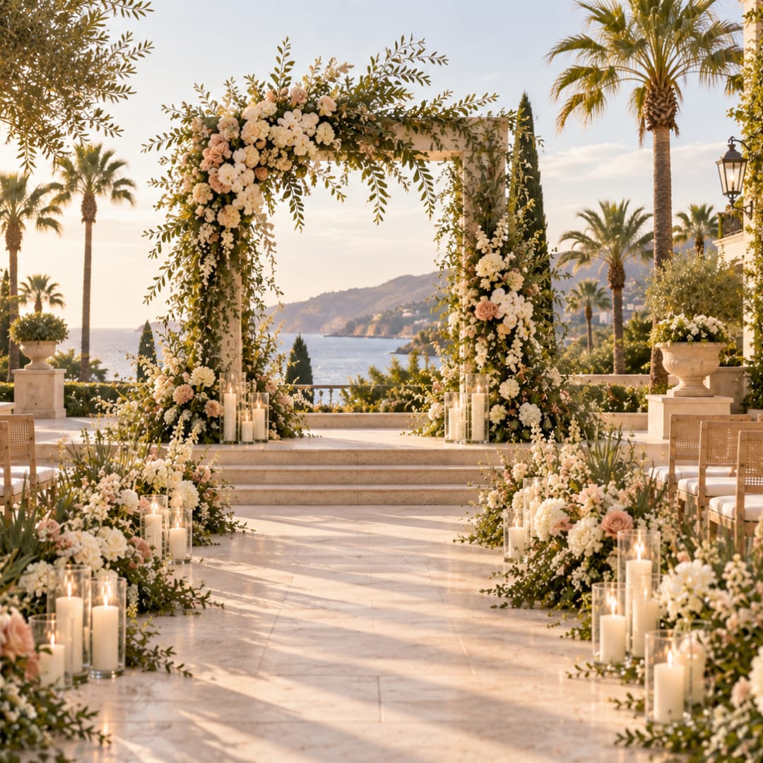 Floral wedding arch with white and blush flowers by the sea