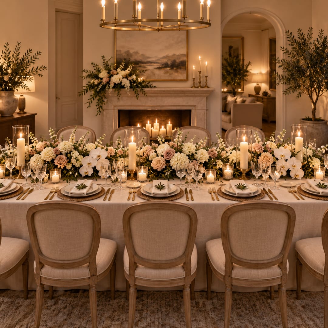 Long banquet table with white and blush floral centerpieces and candles