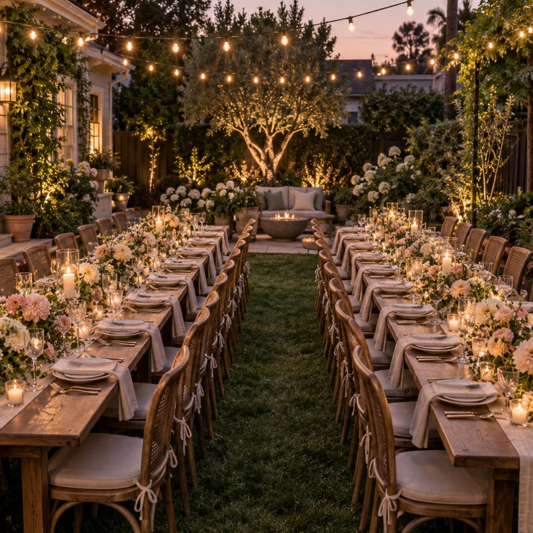 Outdoor dinner tables with floral centerpieces and candles under string lights
